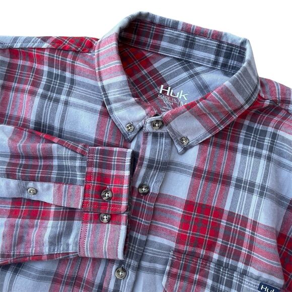 HUK Rutledge Flannel Shirt Men's Medium Red Grey Plaid Roll Tab Sleeves - Picture 1 of 6